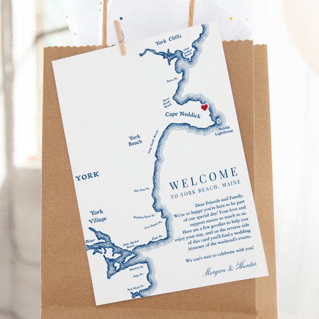 Carte De Remerciements Itinéraire de bienvenue du Mariage York Maine (These York Maine wedding welcome letters have a wedding itinerary for your weekend events too)