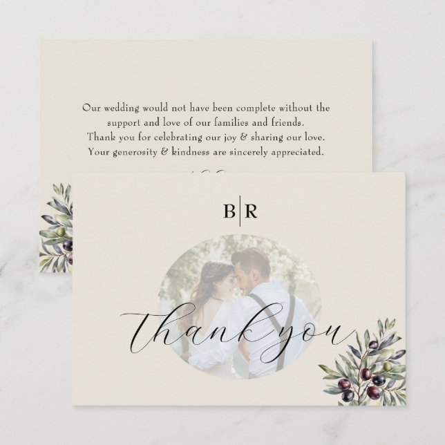 Carte De Remerciements Ivoire Olive Photo Monogramme Mariage (Devant / Derrière)