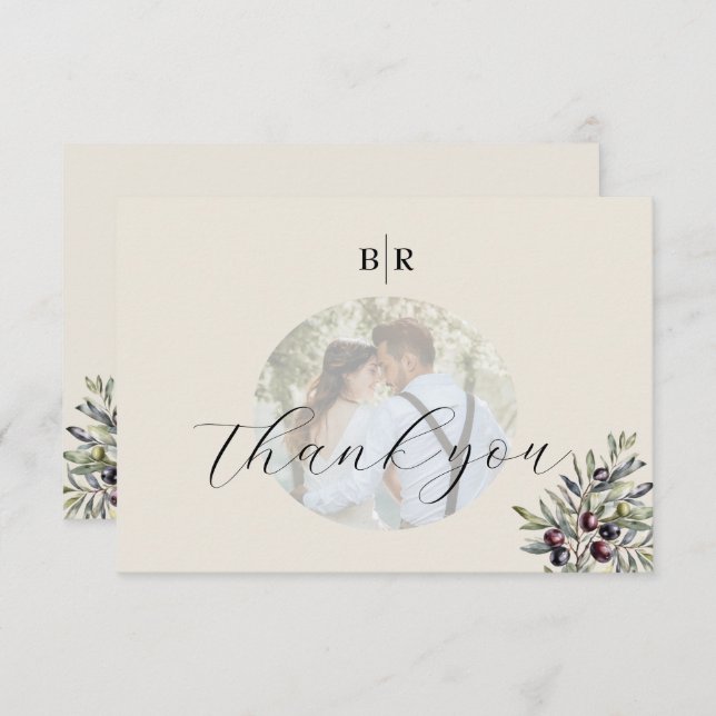 Carte De Remerciements Ivory Olive Photo Monogram Wedding (Devant / Derrière)