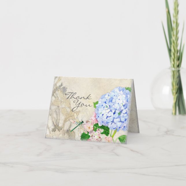 Carte De Remerciements Jardin anglais, aquarelle rose bleue d'hortensias (Devant)