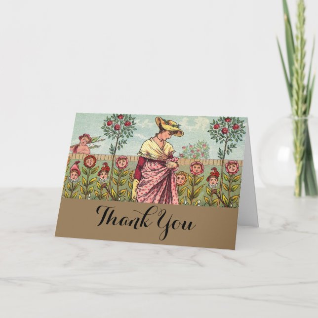 Carte De Remerciements Jardin Cultivation Flower Woman Art Antique (Devant)
