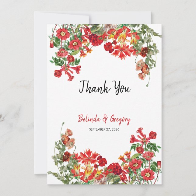 Carte De Remerciements Jardin Floral Rouge Mariage de fleurs botaniques (Dos)