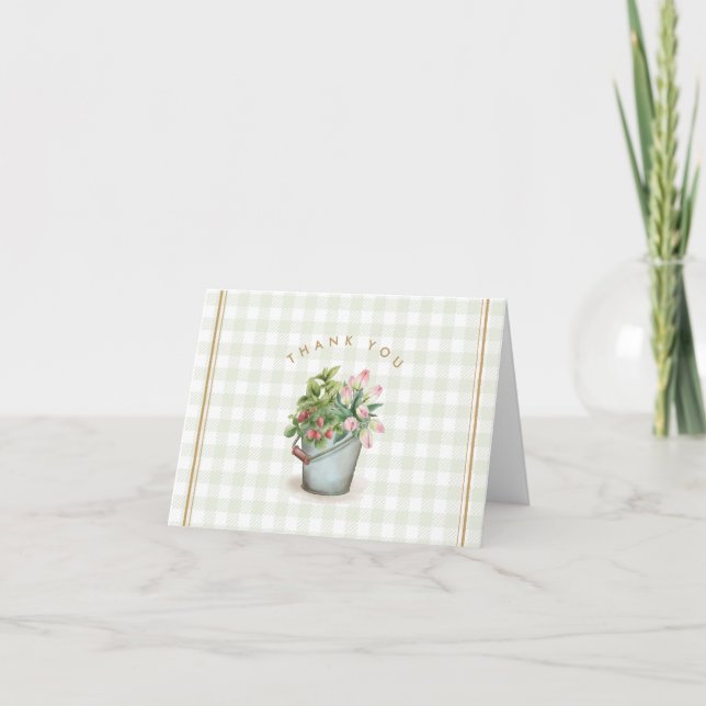 Carte De Remerciements Jardin Gingham Sage Fleurs Or Floral (Devant)
