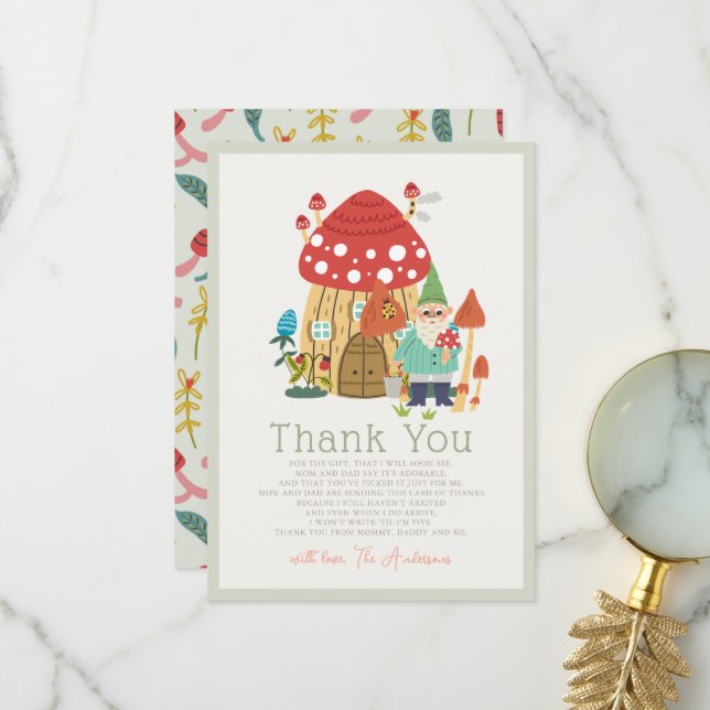 Carte De Remerciements Jardin Gnome Champignons Green Baby shower garçon (Devant/Arrière en situation)