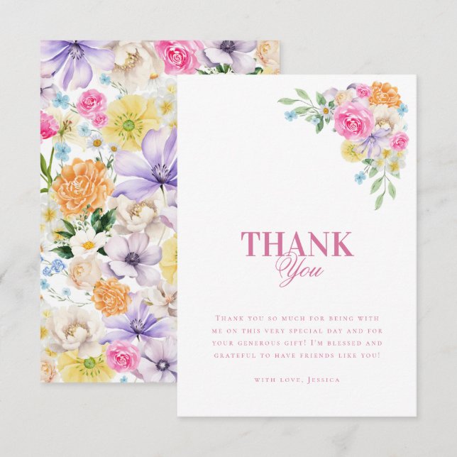 Carte De Remerciements Jardin Thé Party Aquarelle Fleurs Mariage Remercie (Devant / Derrière)