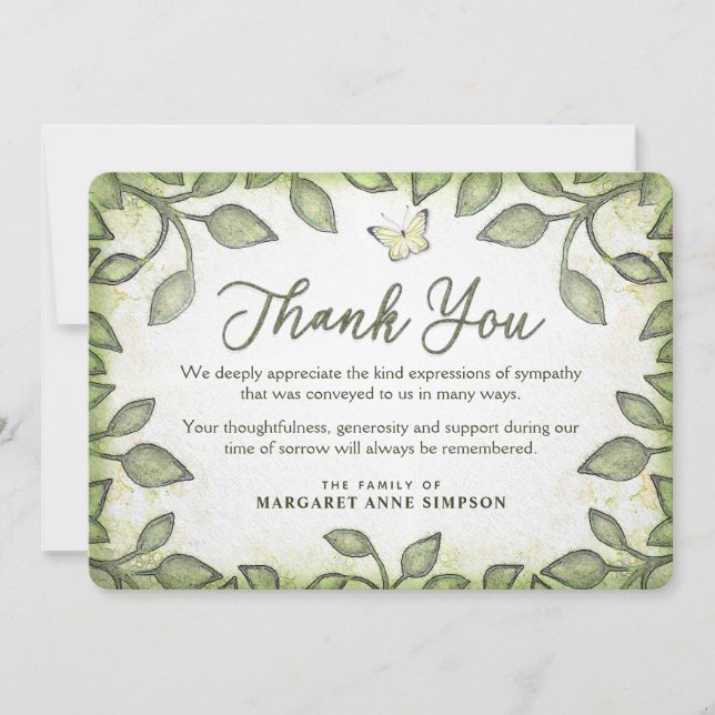 Carte De Remerciements Jardin Vert Feuille SympathieMerci Papillon (Devant)