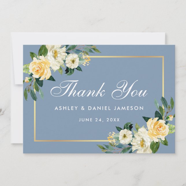 Carte De Remerciements Jaune Blanc Floral Dusty Blue Mariage (Devant)