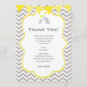 Carte de remerciements jaune de baby shower de