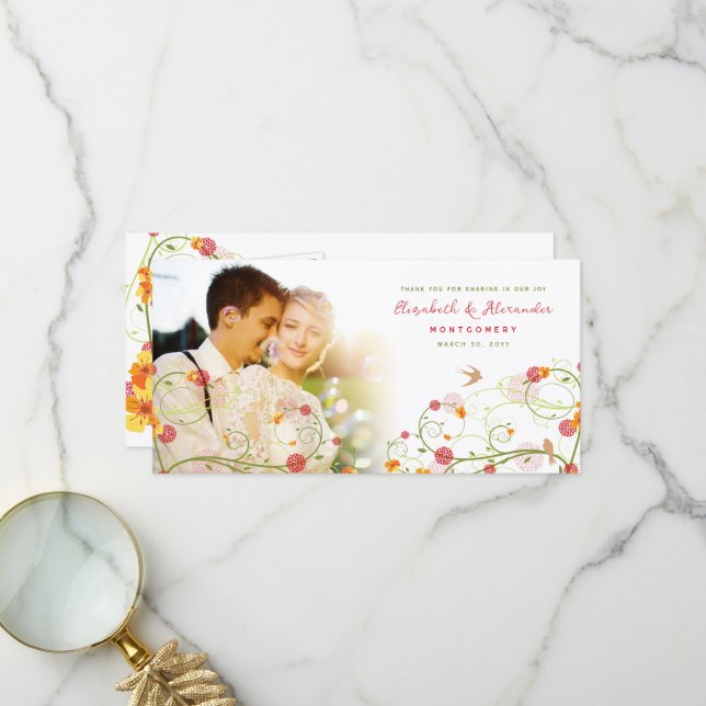 Carte De Remerciements Jaune Hibiscus & Hirondelles Floral Mariage Photo (Devant/Arrière en situation)