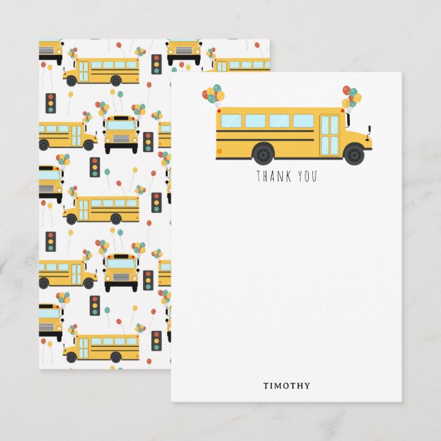 Carte De Remerciements Jaune School Bus Party Nom des enfants (Devant / Derrière)