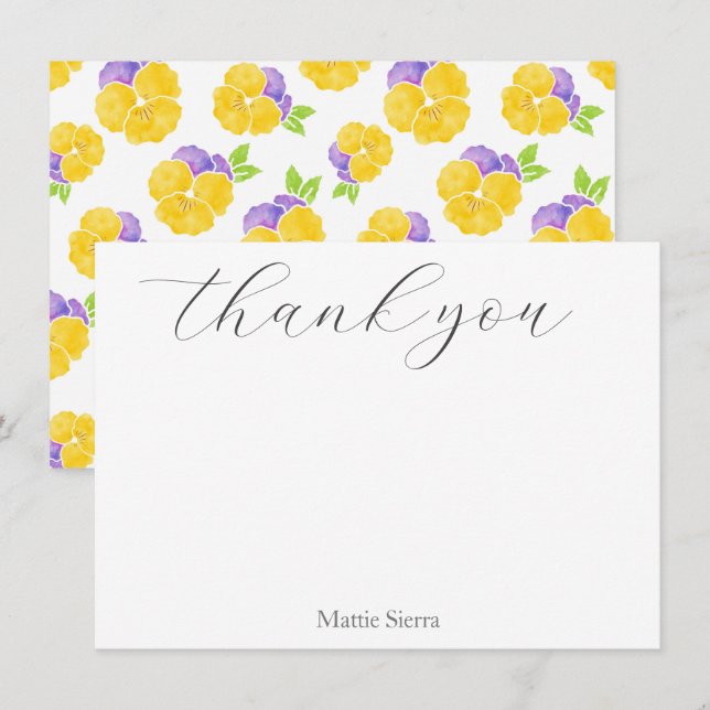 Carte De Remerciements Jaune violet Aquarelle Pansy Motif (Devant / Derrière)