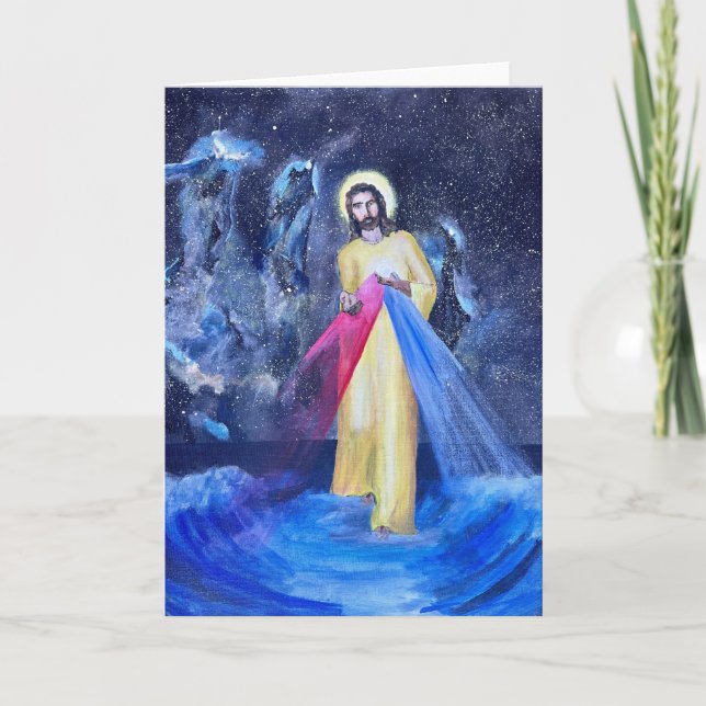 Carte De Remerciements Jésus sur l'eau bleue avec galaxie et l'espace ext (Devant)
