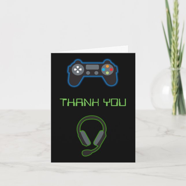 Carte De Remerciements Jeu vidéo Neon Blue & Green Motif Monogramme (Devant)