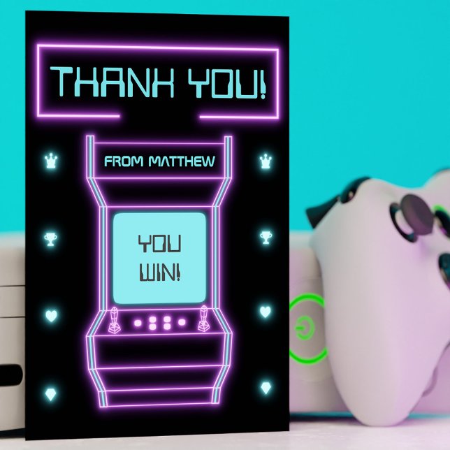 Carte De Remerciements Jeu vidéo rétro arcade rose et bleu (Pink and Blue Retro Arcade Video Game Thank You Card)