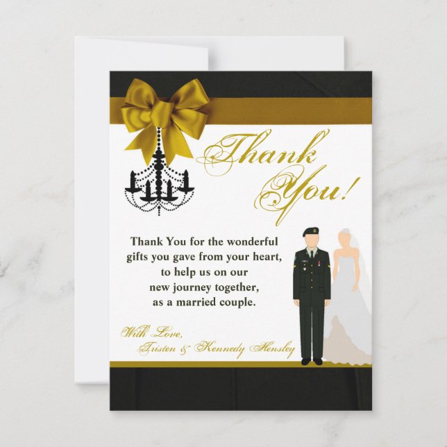 Carte De Remerciements jeune mariée uniforme de marié d'ARMÉE PLATE du (Devant)