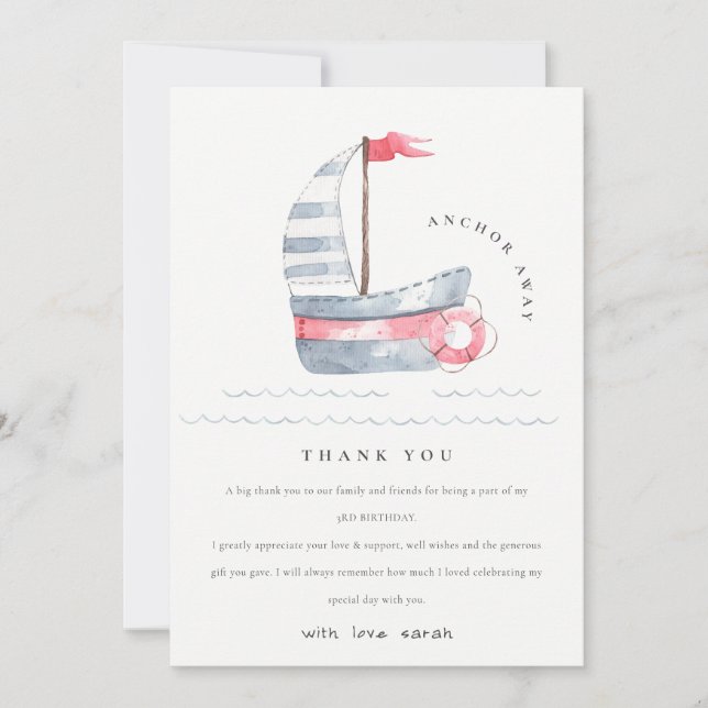Carte De Remerciements Joli Anniversaire Enfant Bateau à Voile Rouge Bleu (Devant)