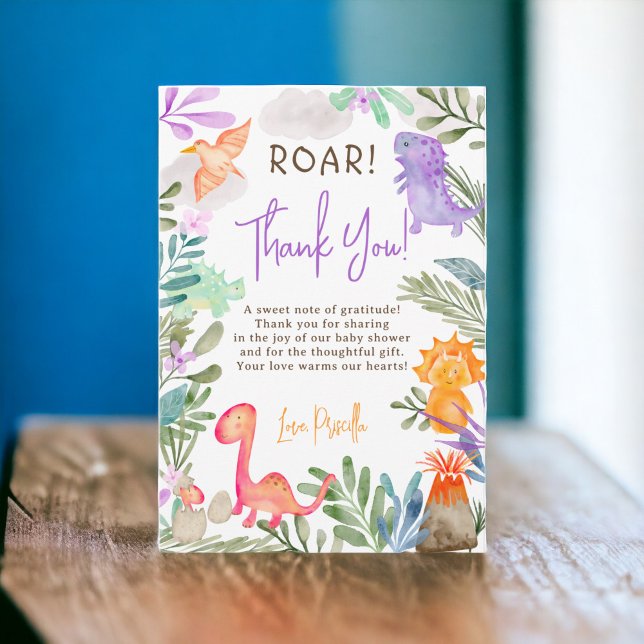 Carte De Remerciements Joli baby shower de végétation de dinosaures aquar (Cute watercolor dinosaurs greenery baby shower thank you card)