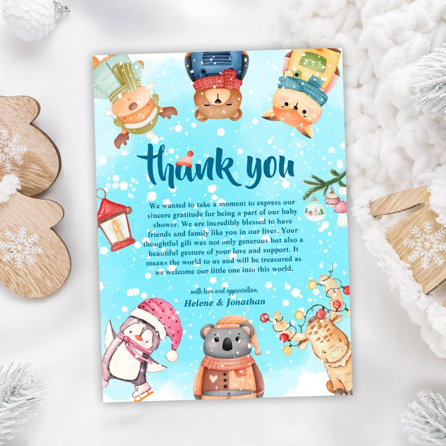 Carte De Remerciements Joli Baby shower d'hiver des animaux en bois (Cute Woodland Animals Elegant Winter Baby Shower Thank You Card)