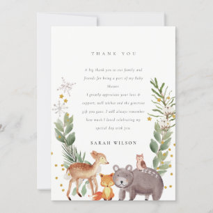 Carte De Remerciements Joli Baby shower feuillus d'animaux de bois élégan