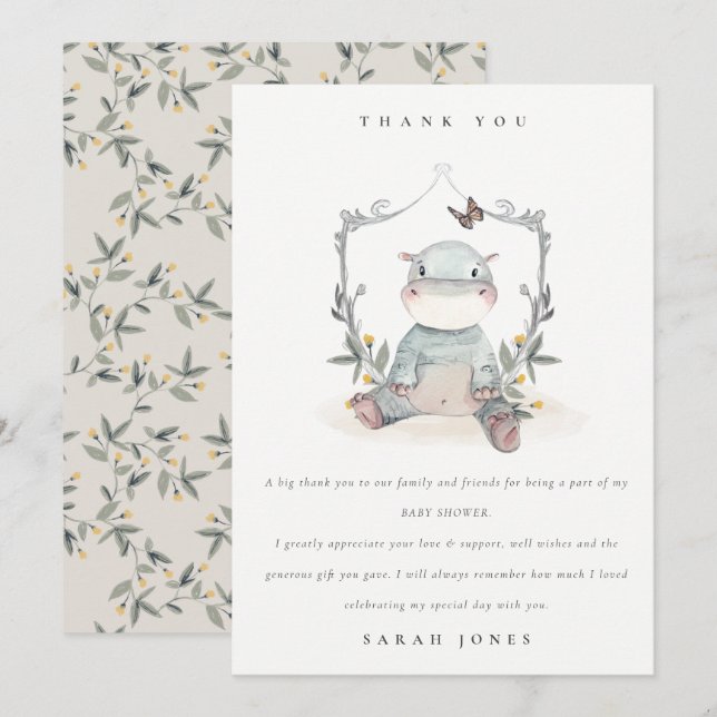 Carte De Remerciements Joli Baby shower Jaune bébé Hippo Foliage (Devant / Derrière)