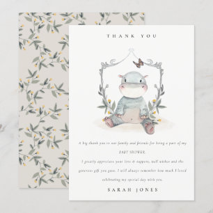 Carte De Remerciements Joli Baby shower Jaune bébé Hippo Foliage