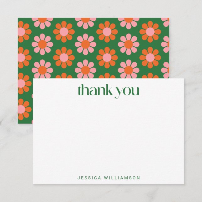 Carte De Remerciements Joli Baby shower Retro Fleurs Vert Rose Personnali (Devant / Derrière)