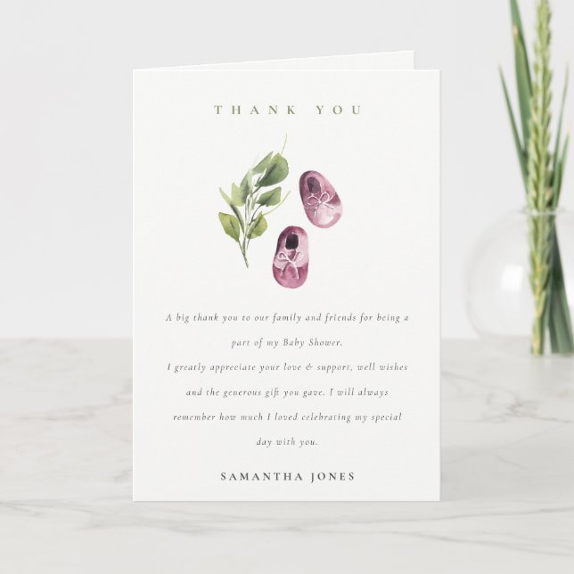 Carte De Remerciements Joli Baby shower Rose rose Fille Chaussures Foliag (Devant)