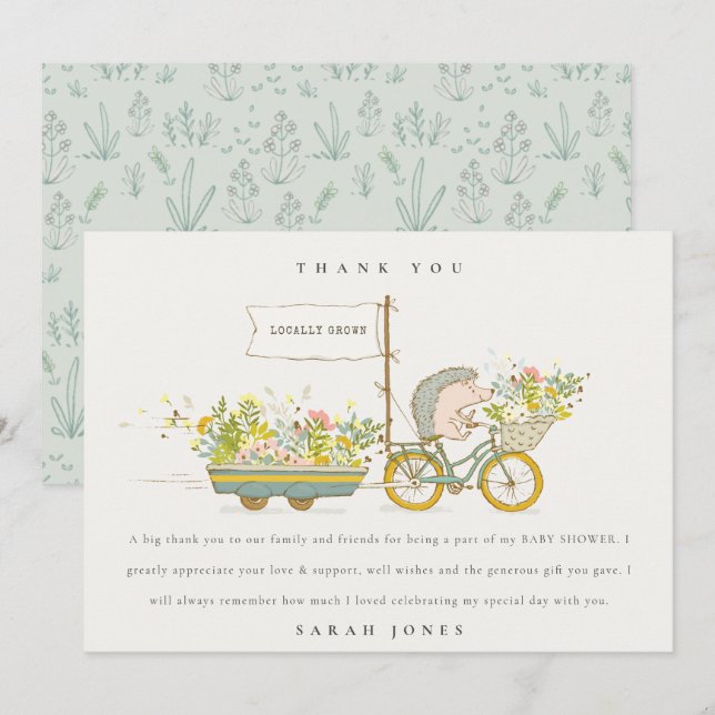 Carte De Remerciements Joli Baby shower Vélo Hérisson Cultivé Localement  (Devant / Derrière)