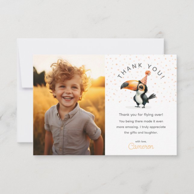 Carte De Remerciements Joli bébé toucan, vole jusqu'ici, photo d'annivers (Devant)