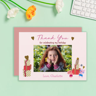 Carte De Remerciements Joli chat et cadeaux | Fête d'anniversaire rose