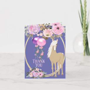 Carte De Remerciements Joli Cheval avec Fleurs Rose et Périwinkle