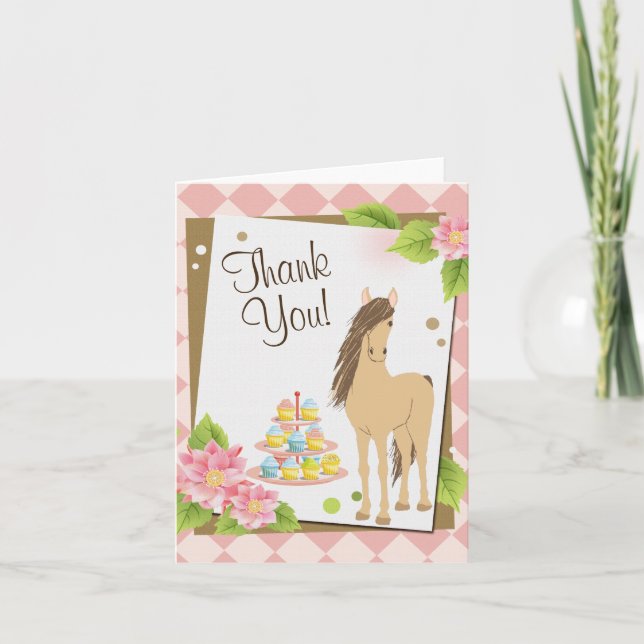 Carte De Remerciements Joli cheval Brown, fleurs roses et gâteaux (Devant)
