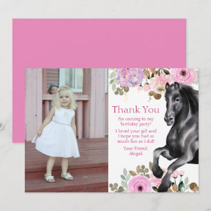 Carte De Remerciements Joli Cheval noir et Fleurs roses Photo Anniversair