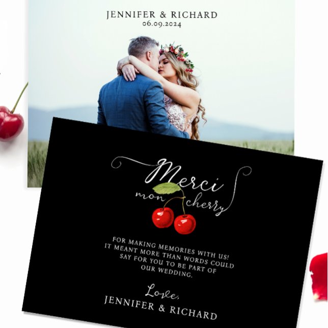 Carte De Remerciements Joli Chic Black Red Cherry Rustic Mariage Photo (Créateur téléchargé)