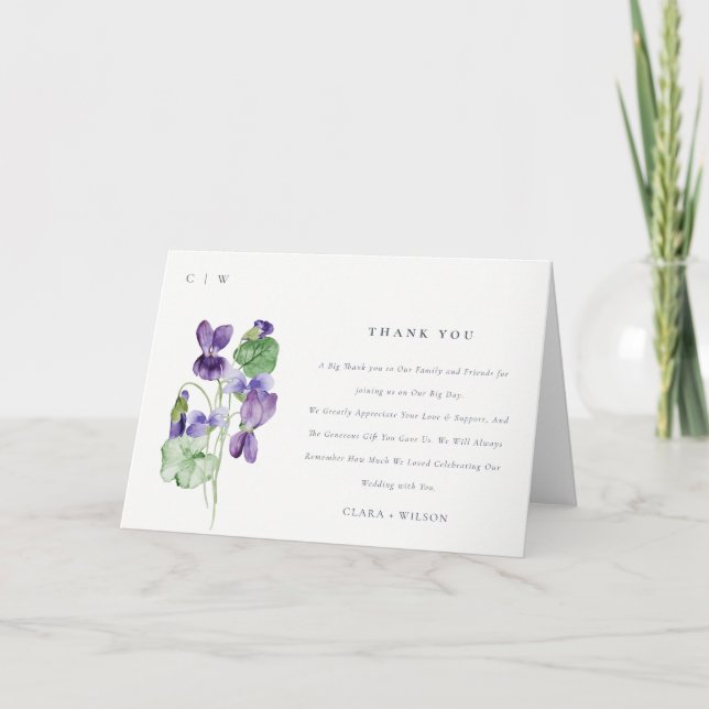 Carte De Remerciements Joli Chic Monogram Violet Floral Bunal Mariage (Devant)