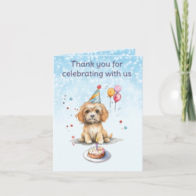 Carte De Remerciements Joli chiot avec chapeau de fête d'anniversaire (Devant)