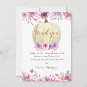 Carte De Remerciements Joli Citrouille Floral rose Baby shower poème Merc