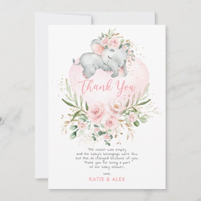 Carte De Remerciements Joli Eléphant rose Blush or Baby shower Floral (Devant)