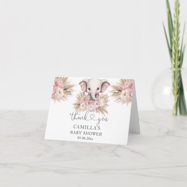 Carte De Remerciements Joli éléphant rose Boho Baby shower fille (Devant)