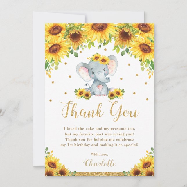 Carte De Remerciements Joli Eléphant Tournesol 1er anniversaire fête Flor (Devant)