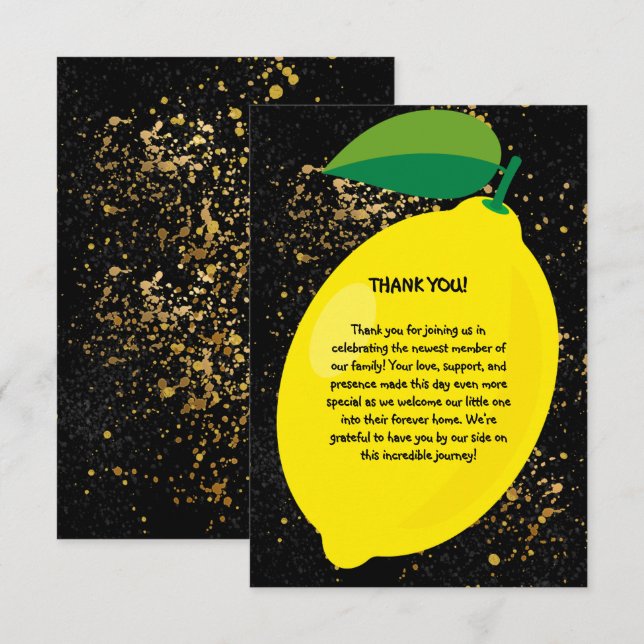 Carte De Remerciements Joli Jaune Lemon Gold Parties scintillant Baby sho (Devant / Derrière)