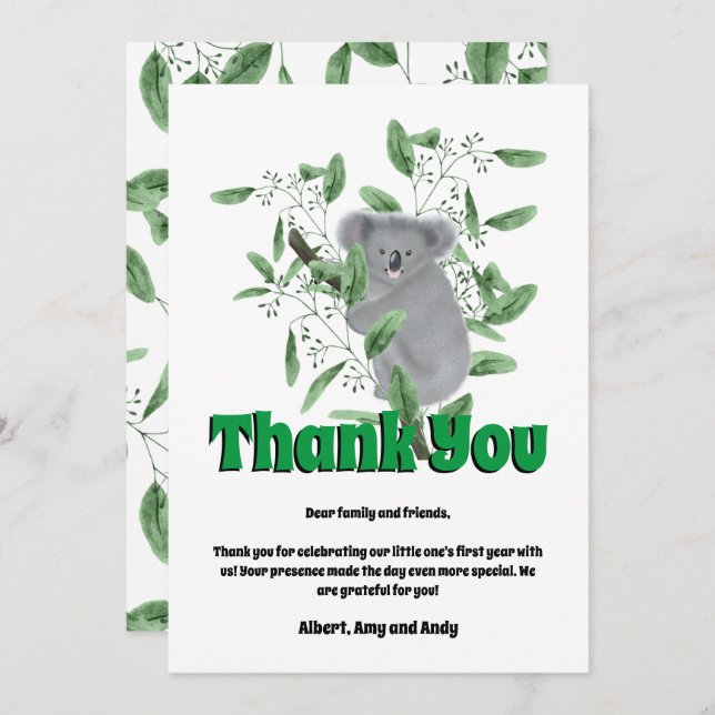 Carte De Remerciements Joli Koala Grimpeur d'un Arbre Eucalyptus (Devant / Derrière)