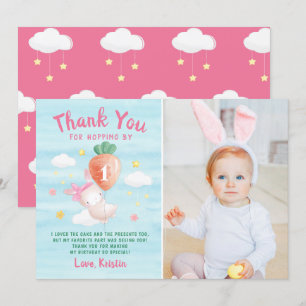 Carte De Remerciements Joli Lapin Rose avec Photo de Carotte Anniversaire