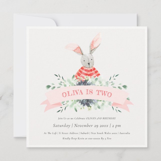 Carte De Remerciements Joli Lapin Rose Foliage N'Importe Quel Âge Anniver (Devant)
