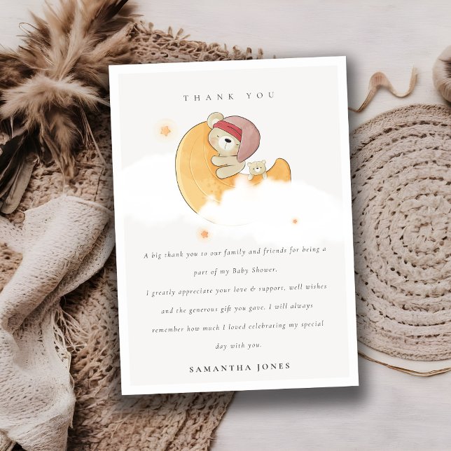 Carte De Remerciements Joli Ours Rose Sleepy Sur Lune Fille Baby shower (Créateur téléchargé)