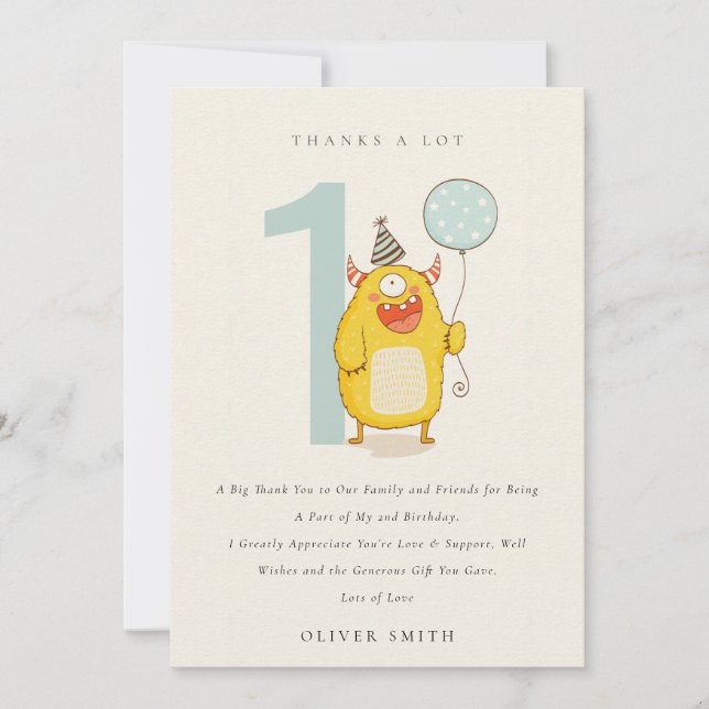 Carte De Remerciements Joli Petit Monstre Jaune À Tout Âge Anniversaire (Devant)