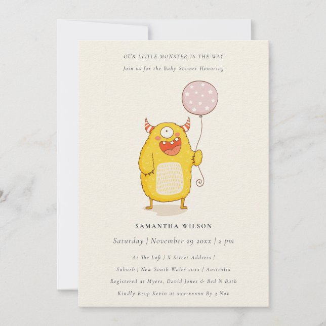 Carte De Remerciements Joli Petit Monstre Rose Jaune Baby shower Invitati (Devant)