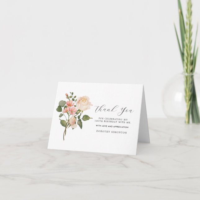 Carte De Remerciements Joli rose blanc floral 100e anniversaire (Devant)