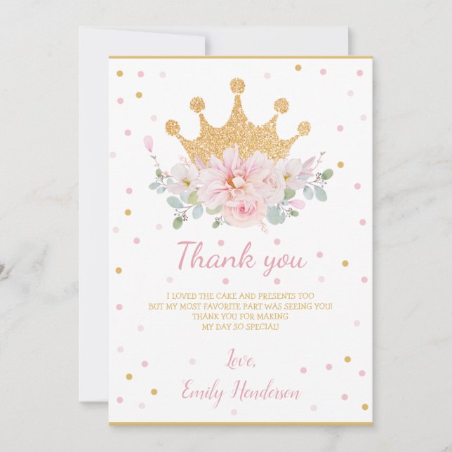 Carte De Remerciements Joli rose Floral Royal Crown Princesse Anniversair (Devant)