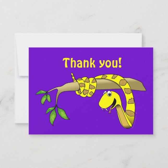 Carte De Remerciements Joli serpent jaune de dessin animé dans un arbre r (Devant)
